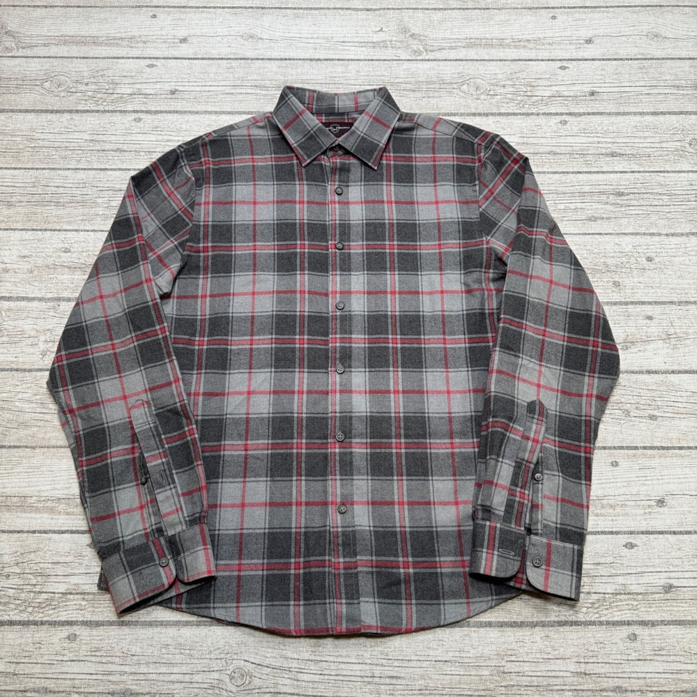 Black Brown Flannel Shirt Men's Medium Gray Red Plaid Long Sleeve Button Down